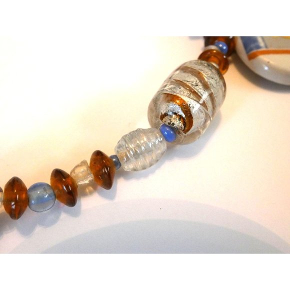 Vintage Art Glass Beaded Necklace with Pottery Flower Pendant - Picture 5 of 12